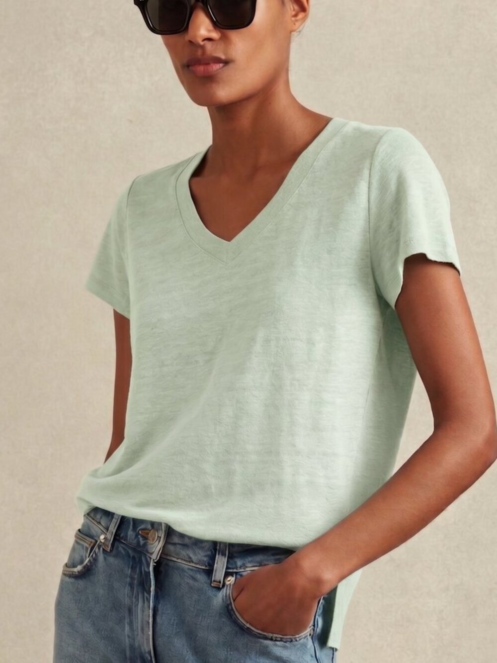 Reiss Lottie Marled Linen V-Neck T-Shirt Sage S NWT